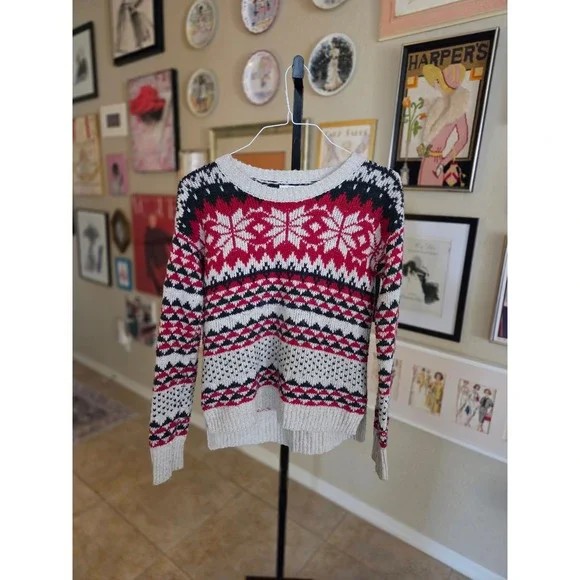 Abercrombie Fitch Fair Isle Snowflake Sweater Red Black Beige Womens M - Picture 2 of 5